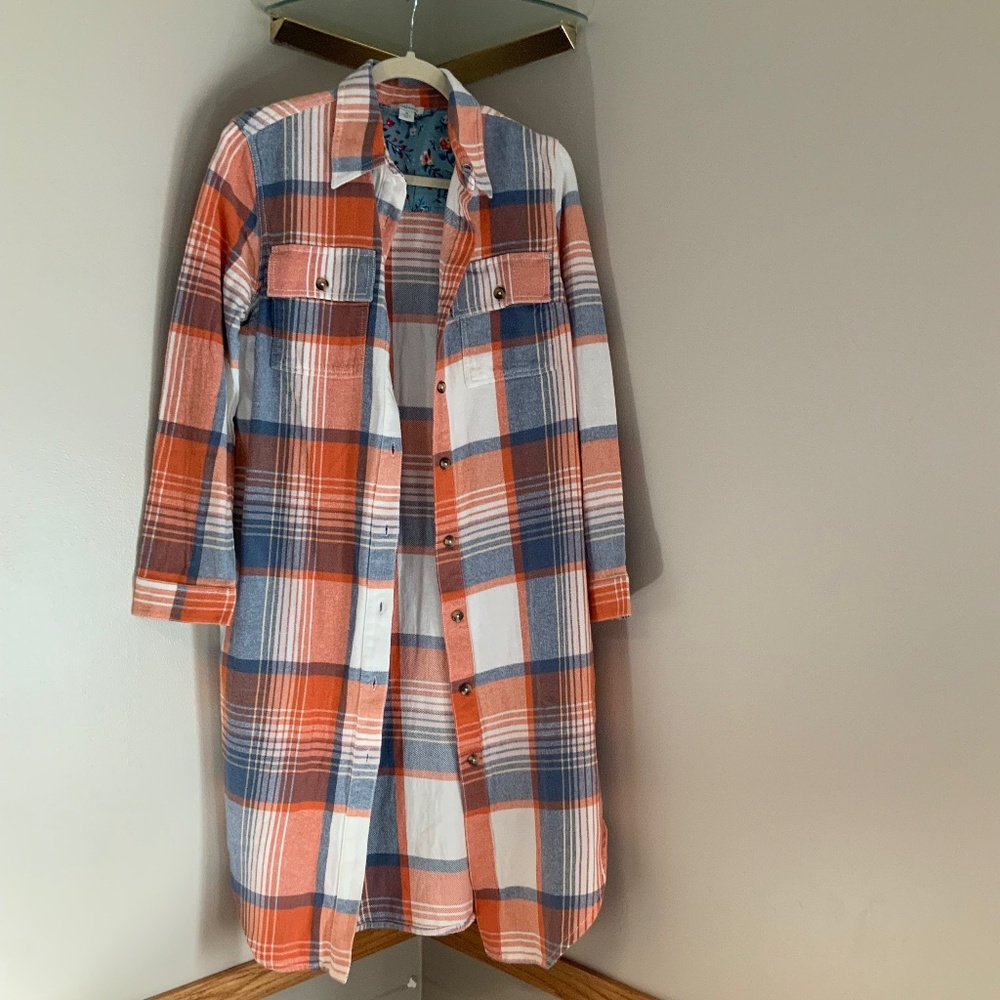 Sundance Orange Blue White Plaid M Long Shirt Dress or Jacket Coastal - Picture 2 of 10
